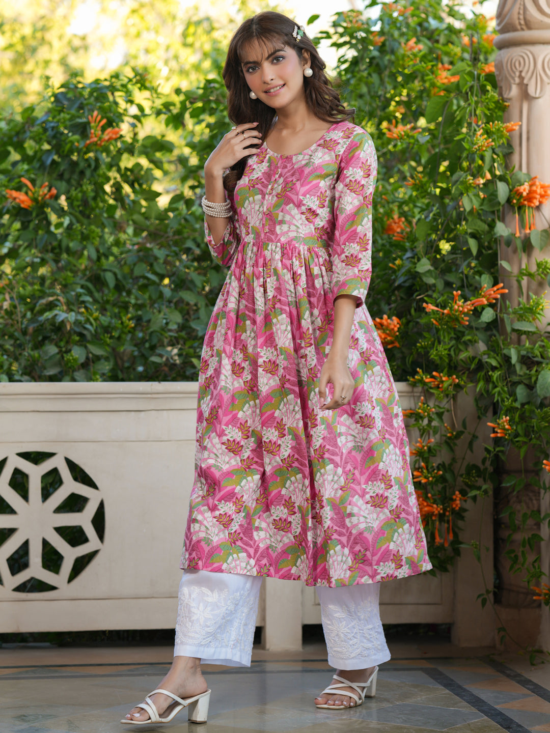 Janasya Bright Cotton Floral A-Line Kurta 