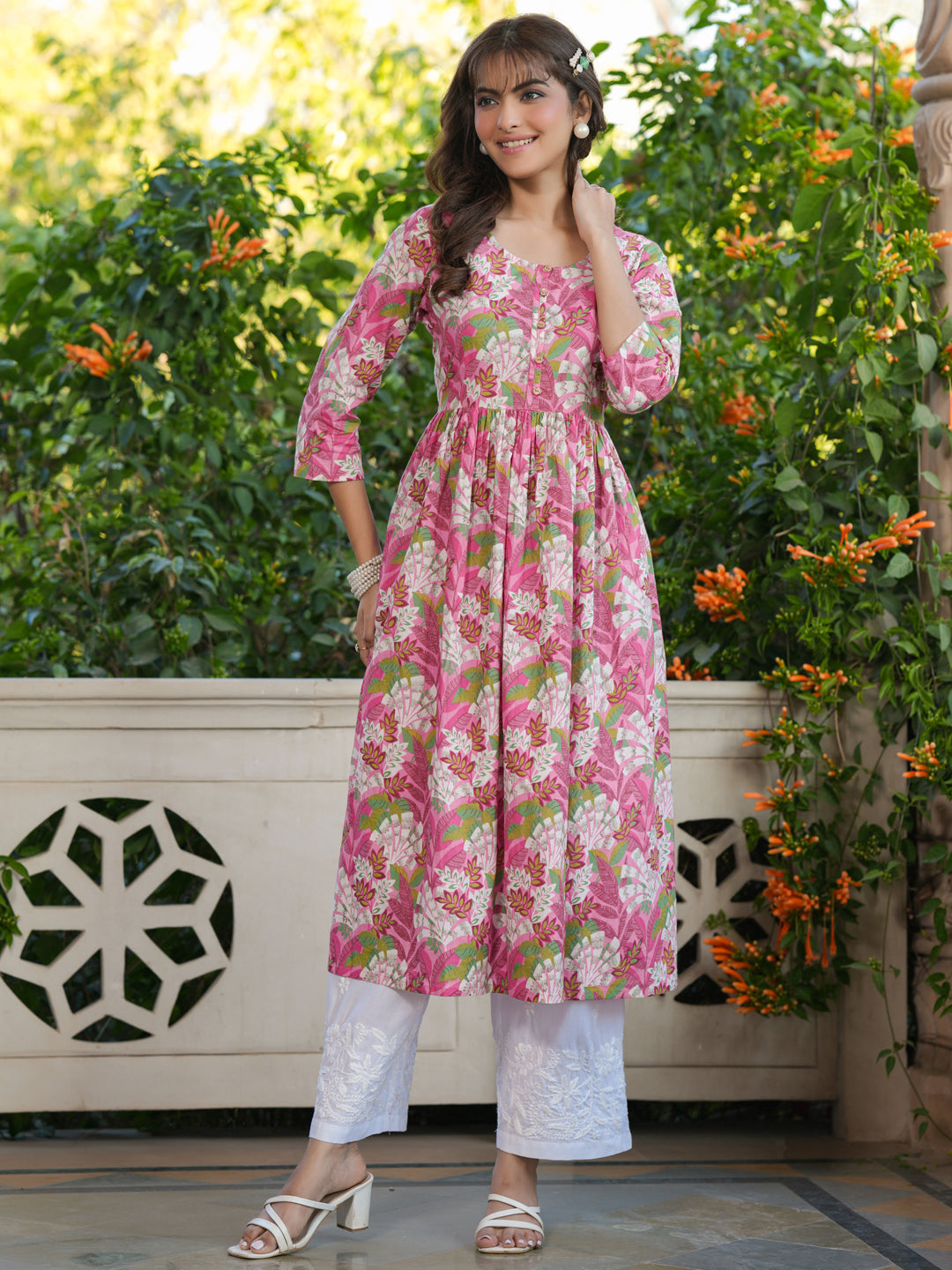 Janasya Bright Cotton Floral A-Line Kurta 