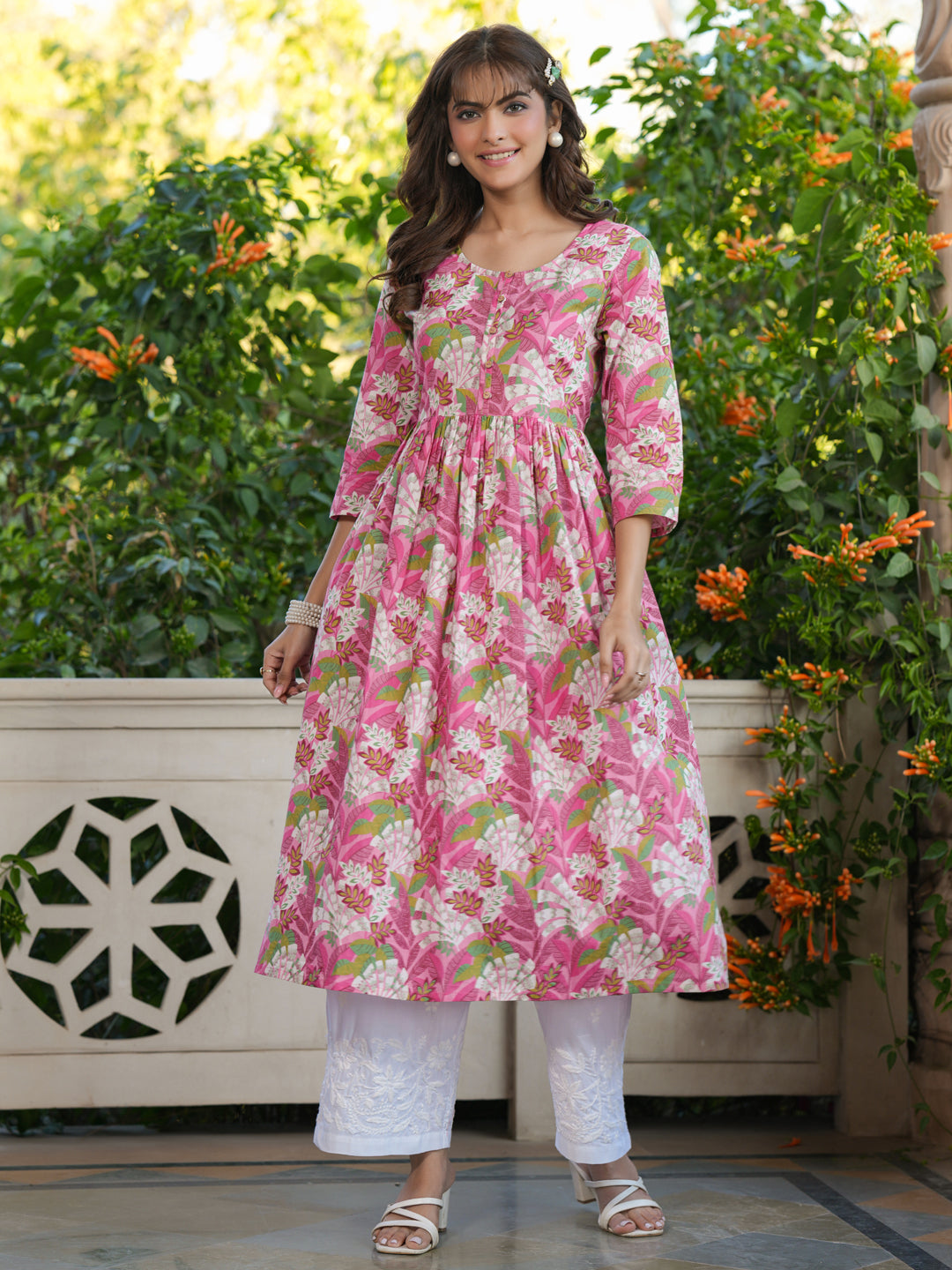Janasya Bright Cotton Floral A-Line Kurta 