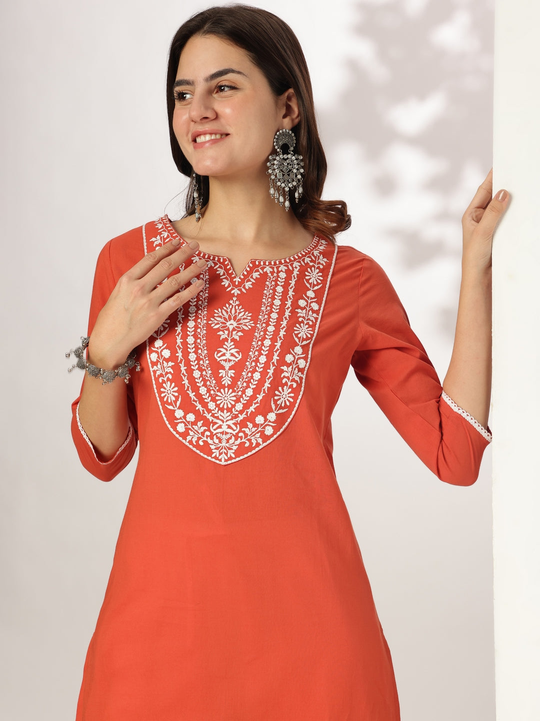 Janasya Dark Cotton Embroidered Straight Kurta 