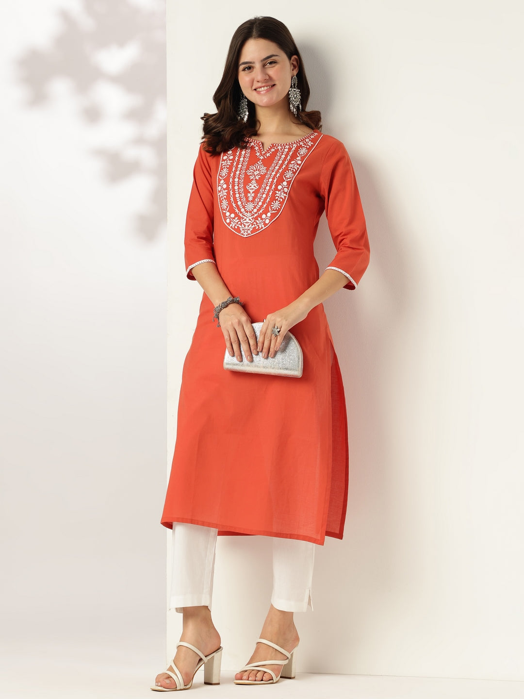 Janasya Dark Cotton Embroidered Straight Kurta 