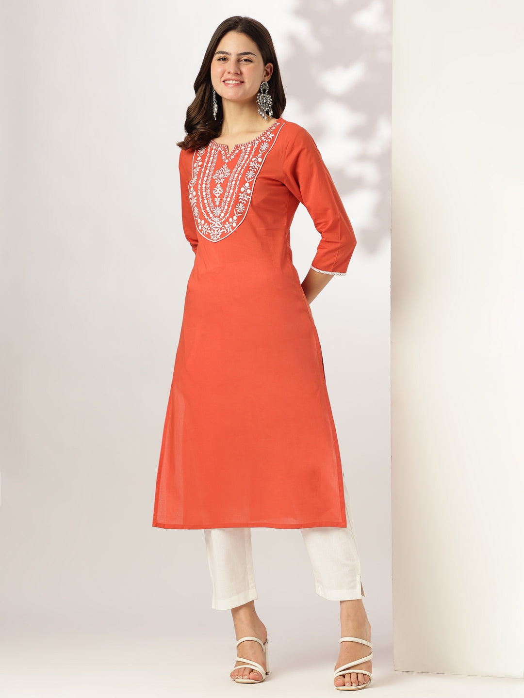 Janasya Dark Cotton Embroidered Straight Kurta 