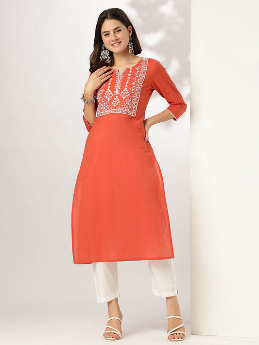 Janasya Dark Cotton Yoke Embroidery Straight Kurta | Grab2Buy