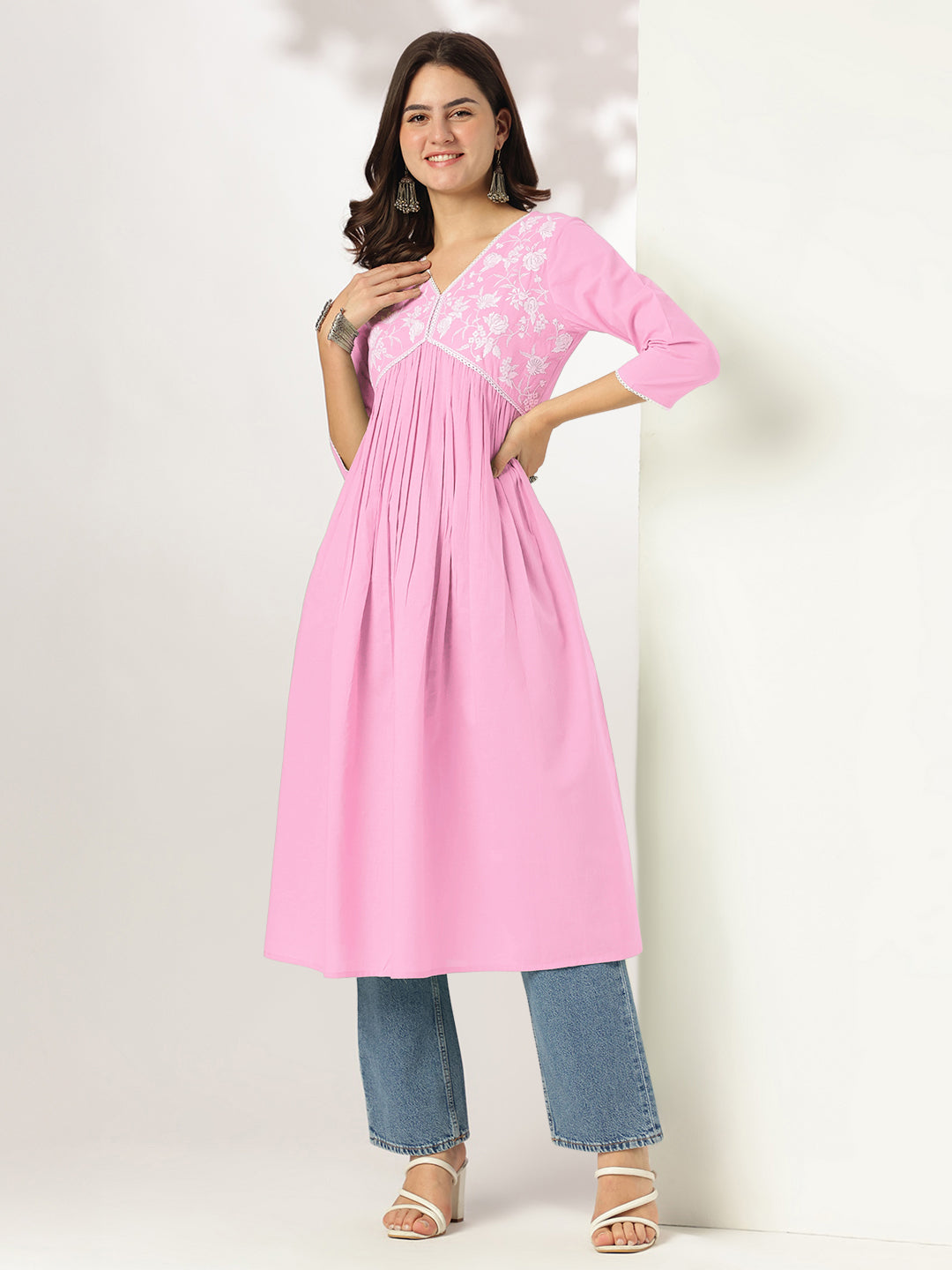 Janasya Light Cotton Yoke Embroidery A-Line Kurta 