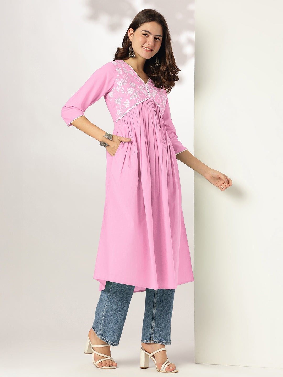 Janasya Light Cotton Yoke Embroidery A-Line Kurta 