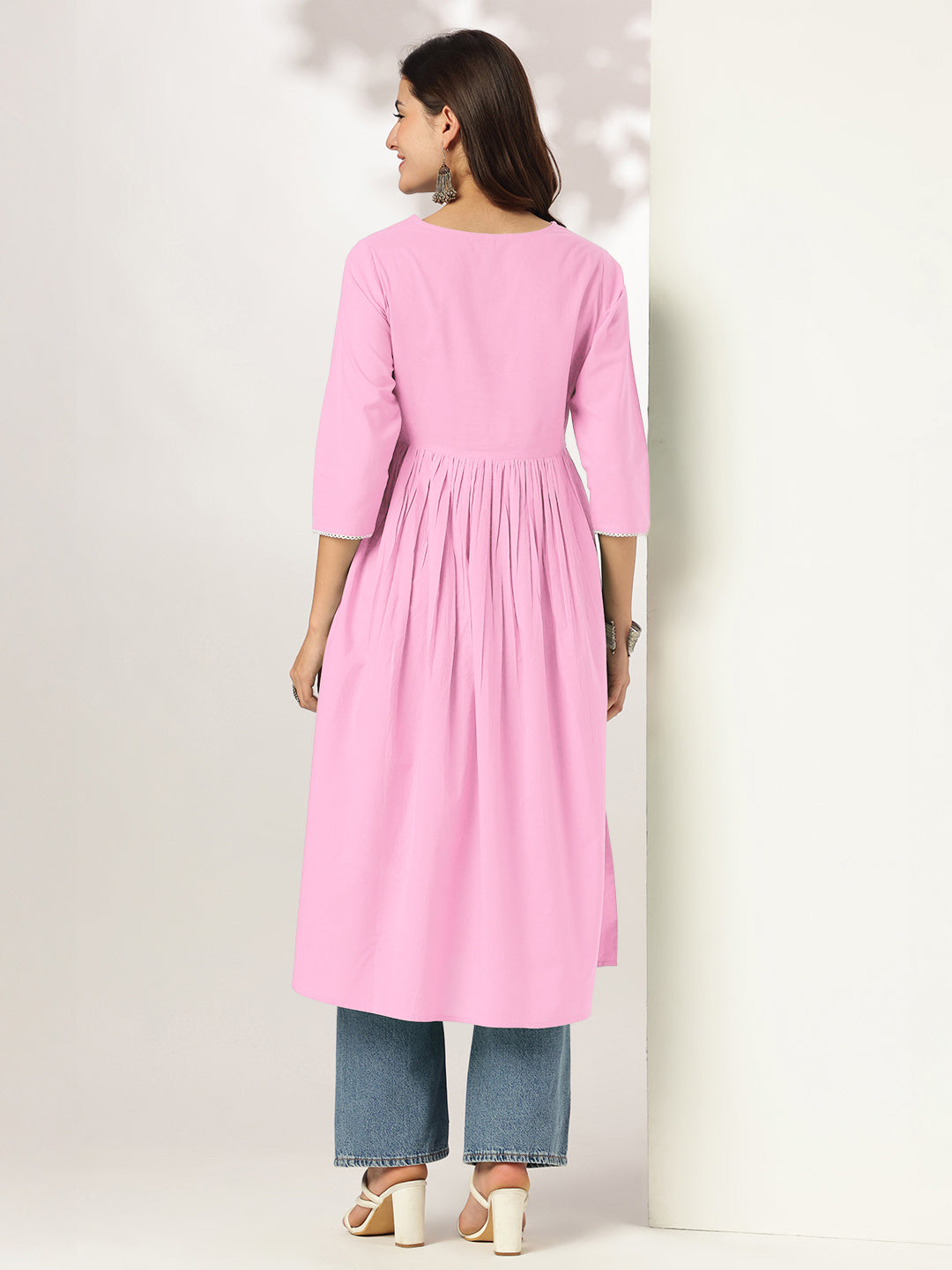 Janasya Light Cotton Yoke Embroidery A-Line Kurta 