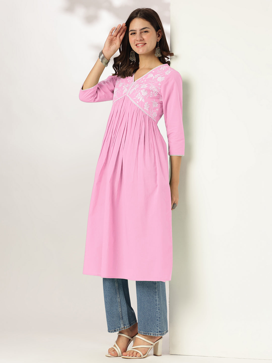 Janasya Light Cotton Yoke Embroidery A-Line Kurta 