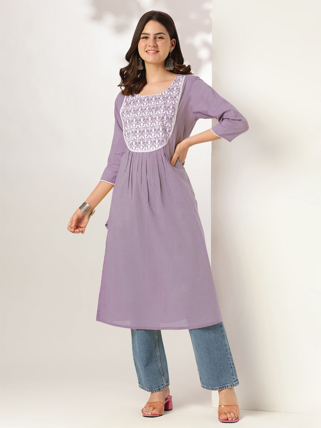 Janasya Light Cotton Yoke Embroidery Straight Kurta 