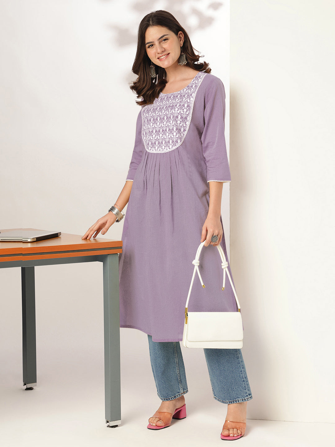 Janasya Light Cotton Yoke Embroidery Straight Kurta 