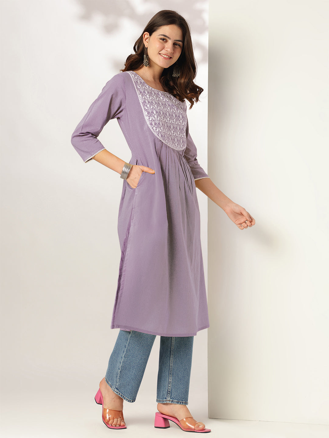 Janasya Light Cotton Yoke Embroidery Straight Kurta 