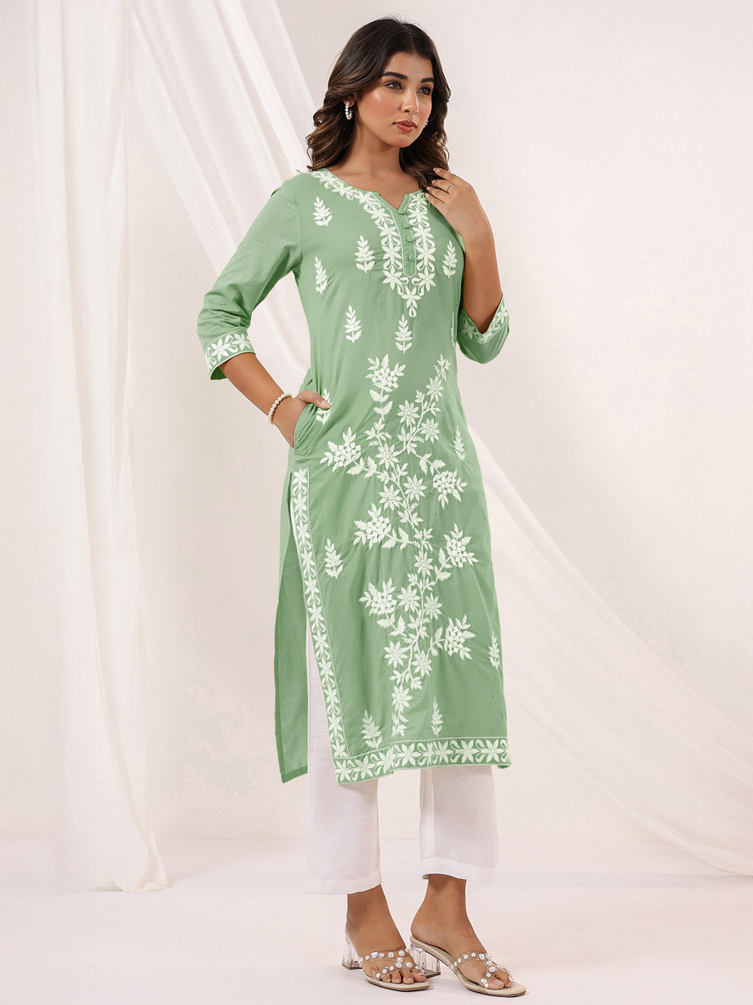 Janasya Light Cotton Embroidered Straight Kurta 