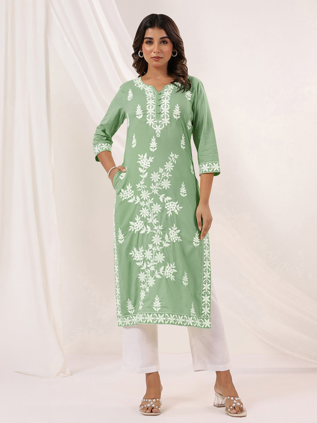 Janasya Light Cotton Embroidered Straight Kurta 
