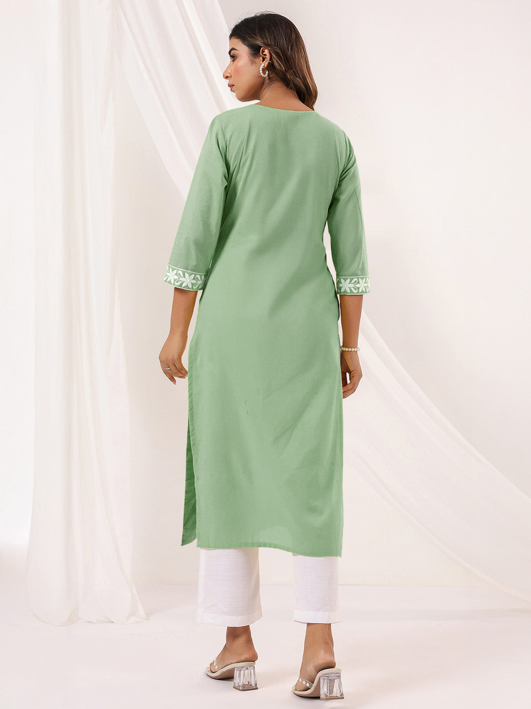 Janasya Light Cotton Embroidered Straight Kurta 