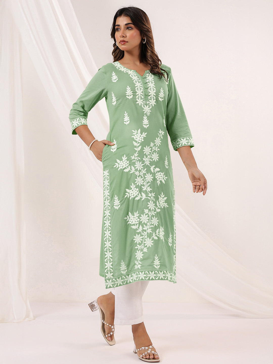 Janasya Light Cotton Embroidered Straight Kurta 