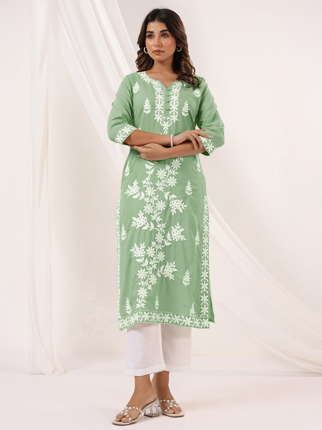 Janasya Light Cotton Embroidered Straight Kurta 