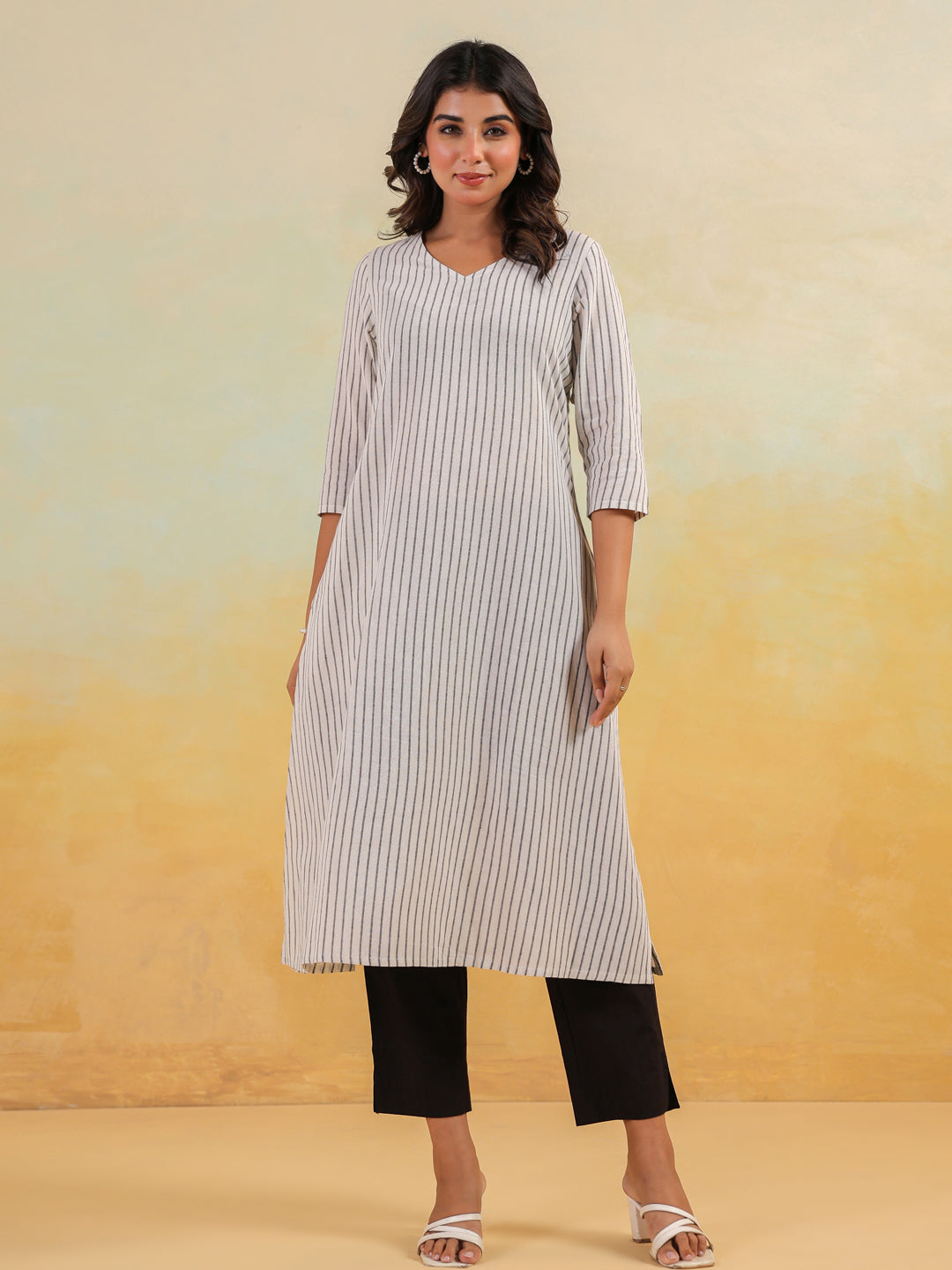 Janasya Light Cotton Striped Straight Kurta | Grab2Buy