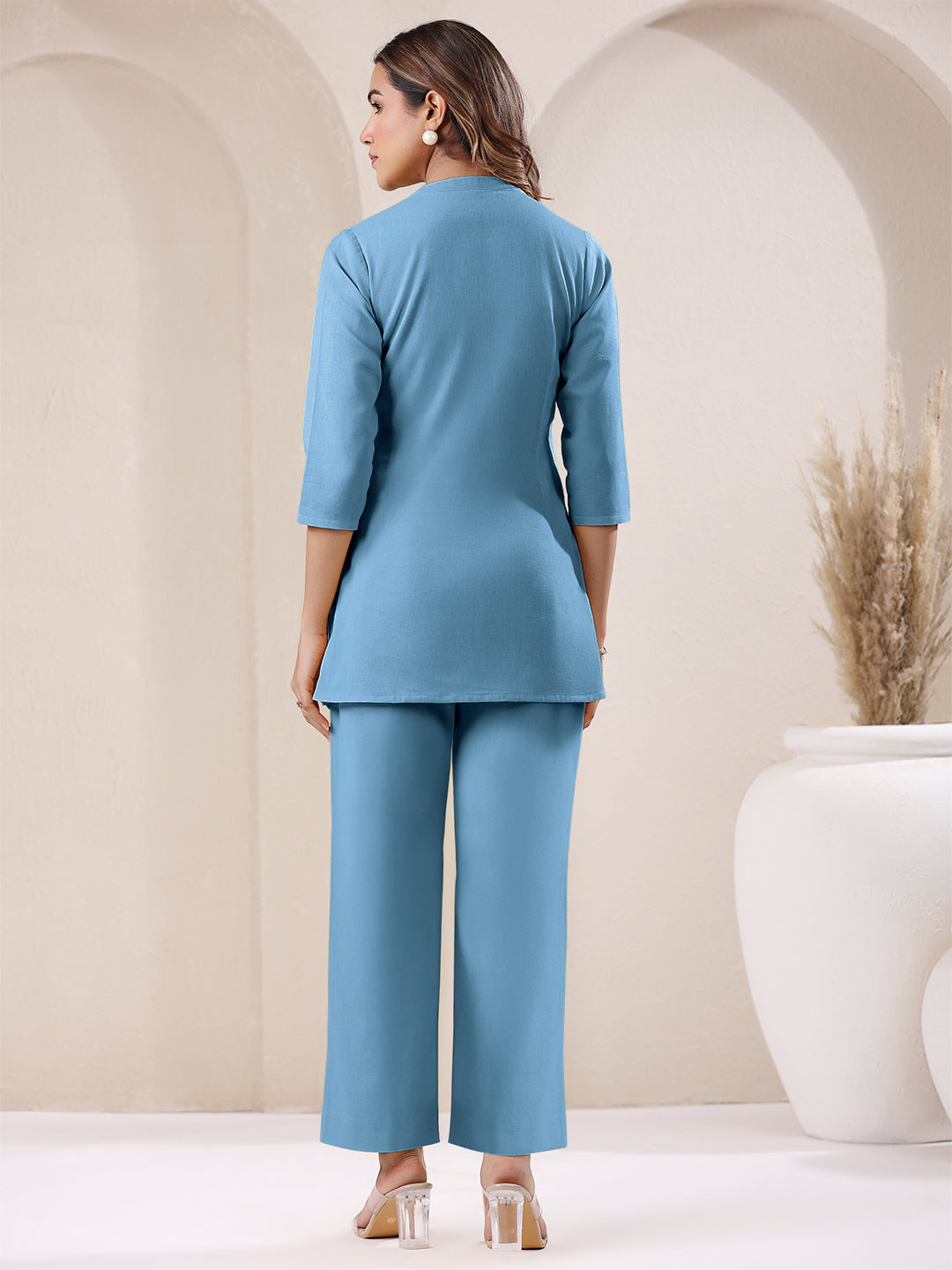 Janasya Light Blue Cotton Solid Pant 