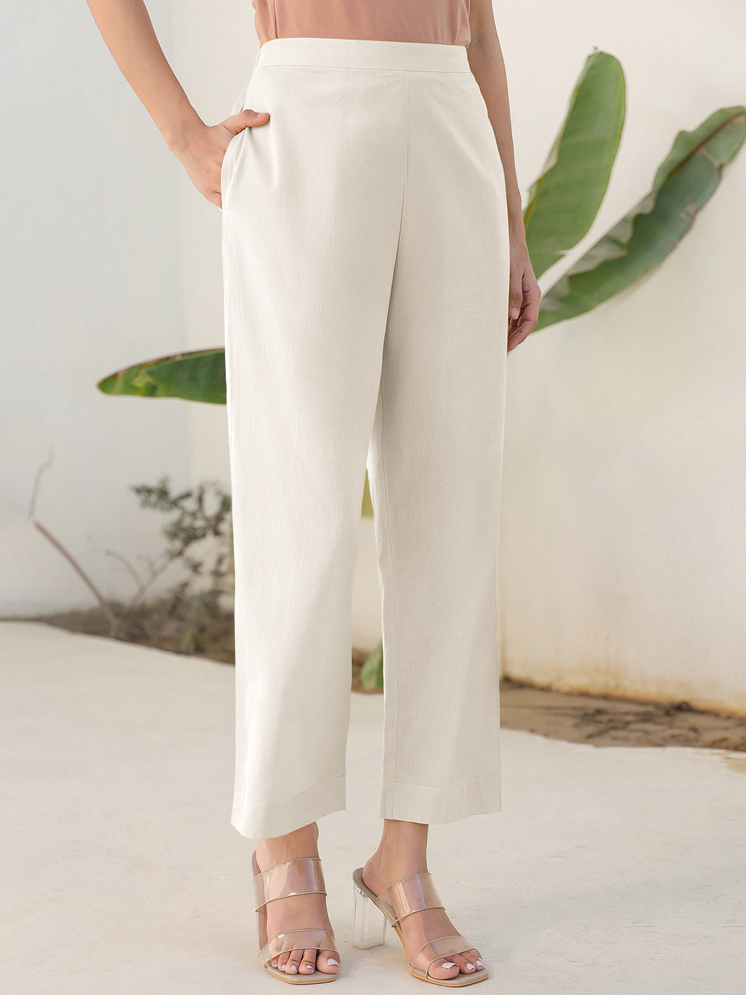 Janasya Off White Cotton Solid Pant 