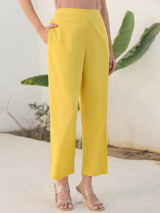 Janasya Yellow Cotton Solid Pant 