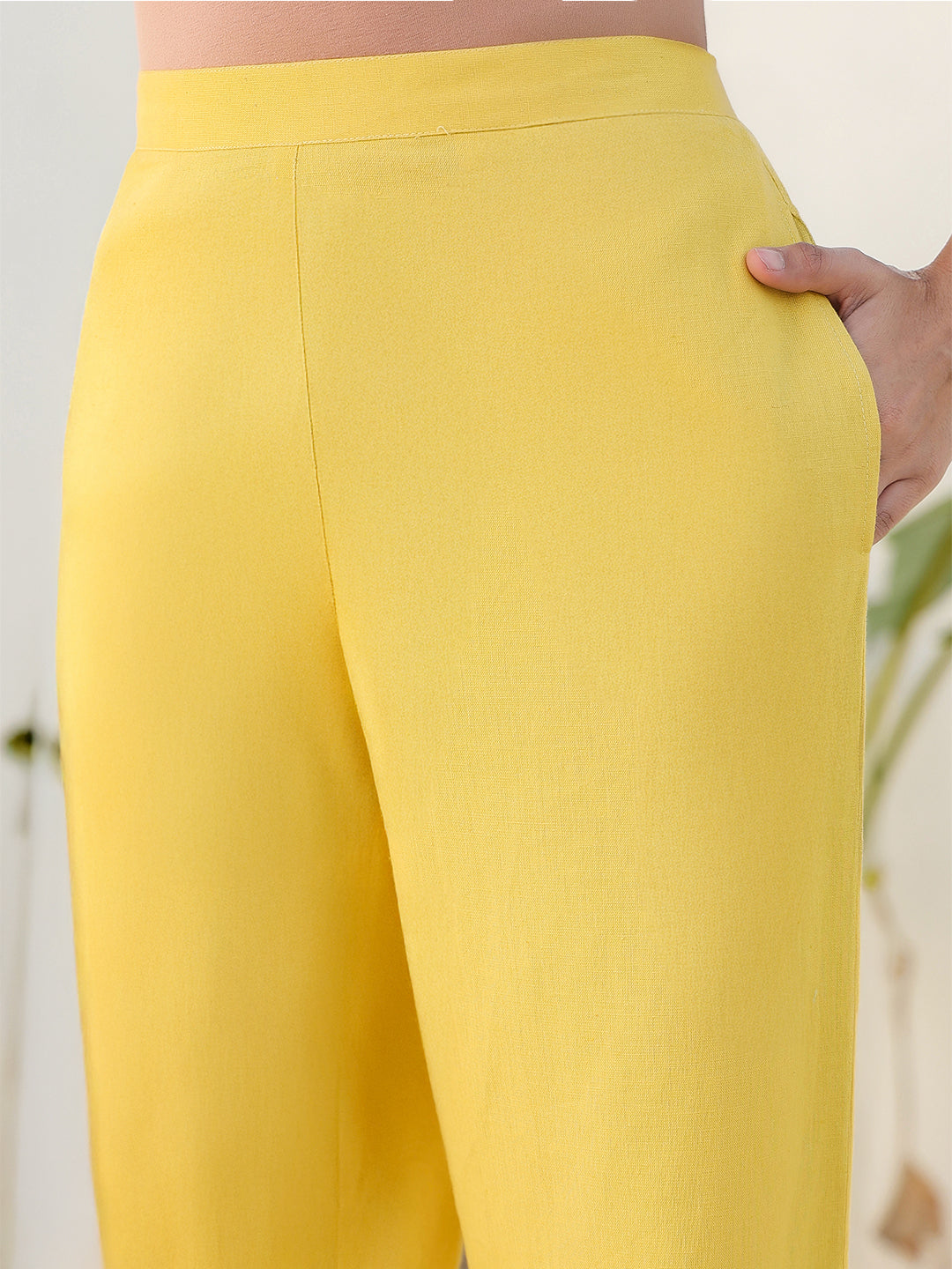 Janasya Yellow Cotton Solid Pant 