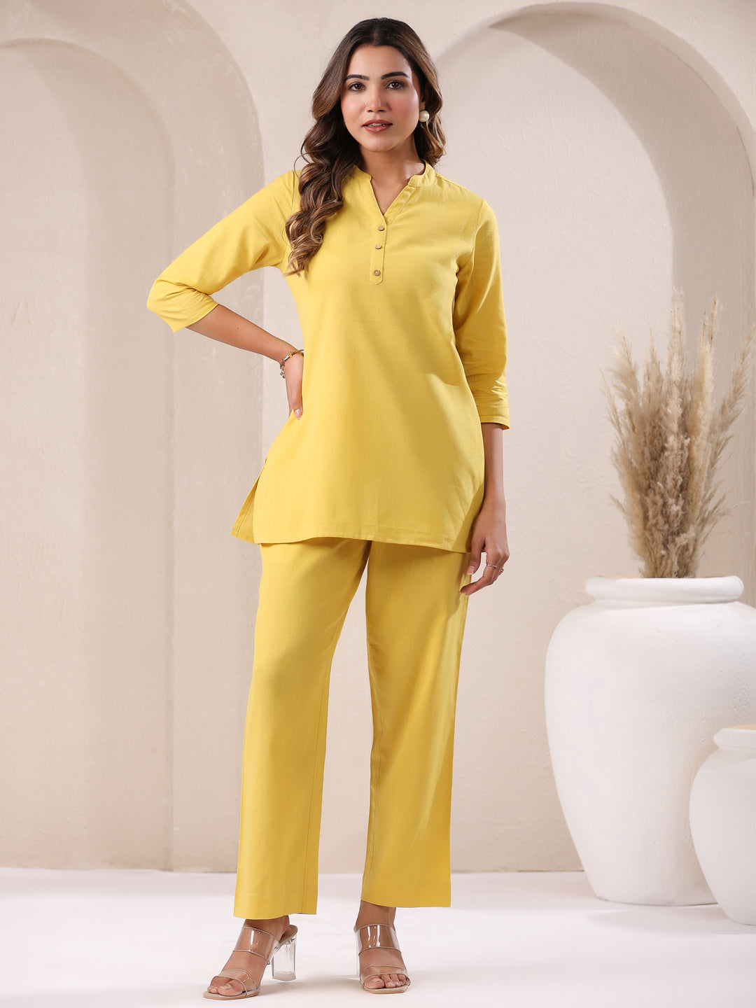 Janasya Yellow Cotton Solid Pant 