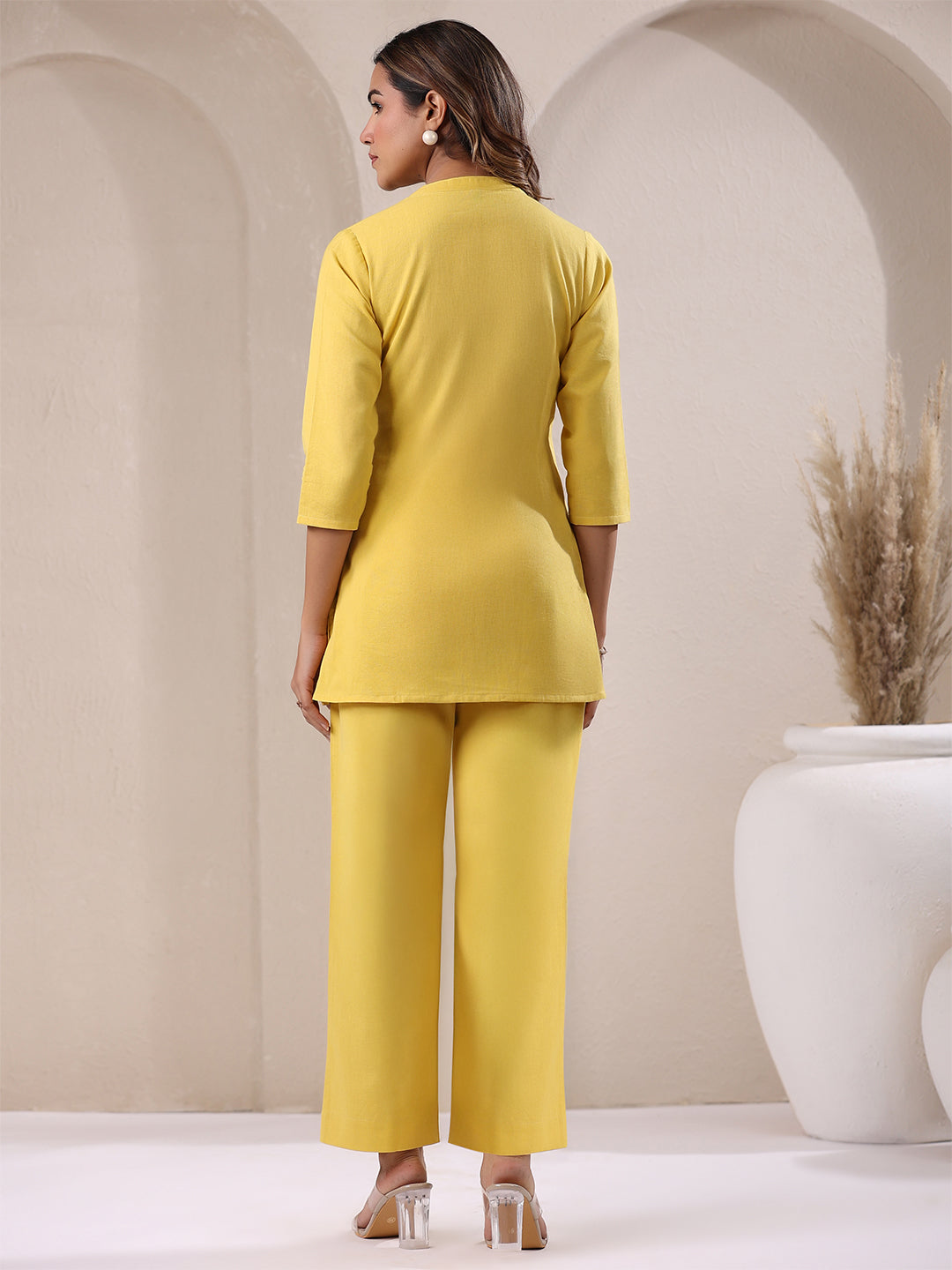 Janasya Yellow Cotton Solid Pant 
