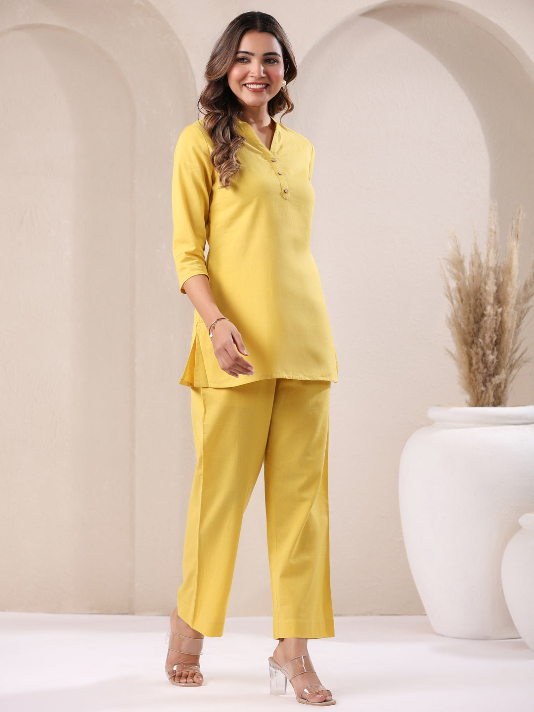 Janasya Yellow Cotton Solid Pant 