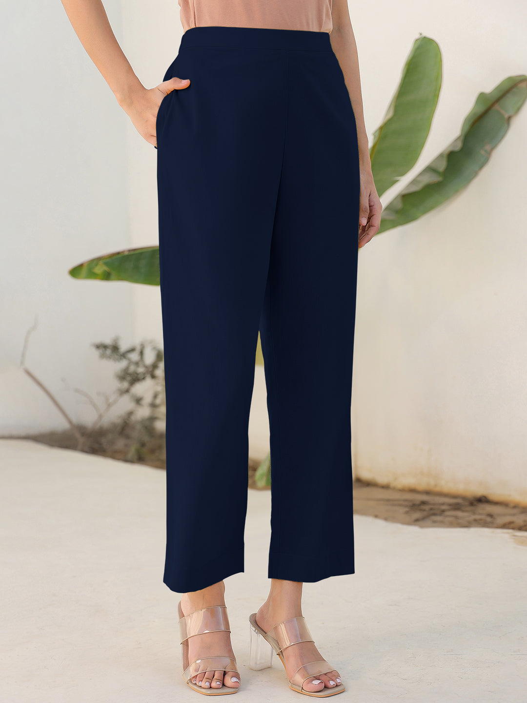 Janasya Navy Blue Cotton Solid Pant 