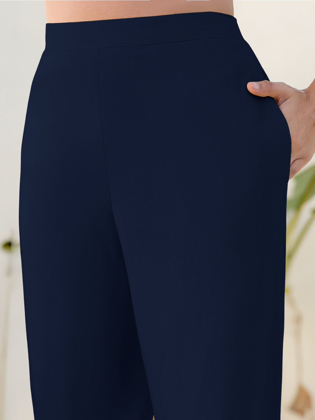 Janasya Navy Blue Cotton Solid Pant 