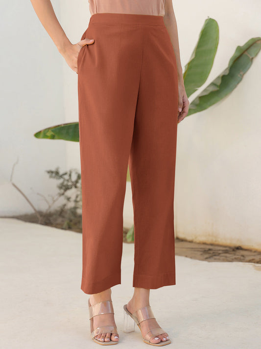 Janasya Rust Cotton Solid Pant 