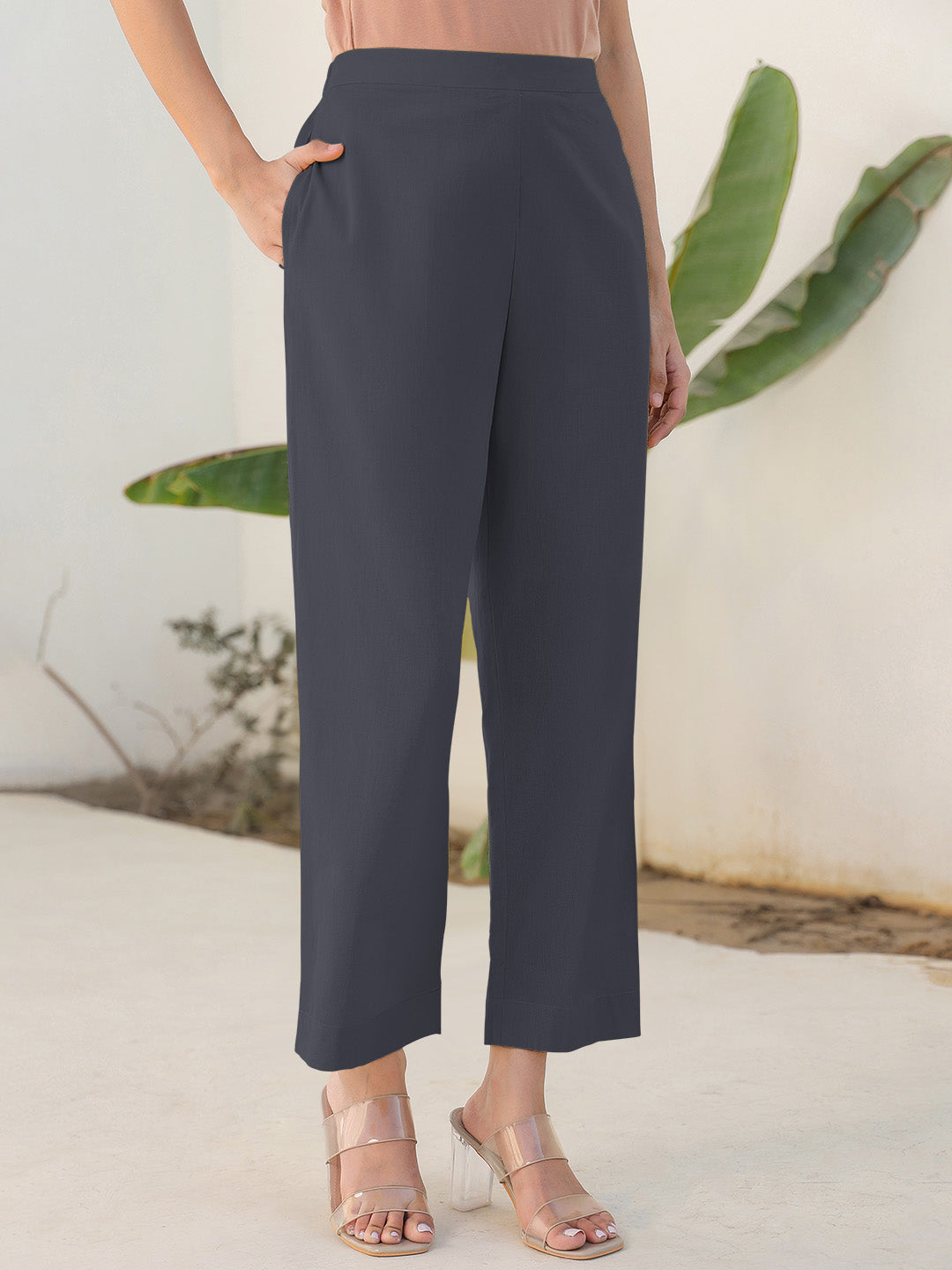 Janasya Grey Cotton Solid Pant 