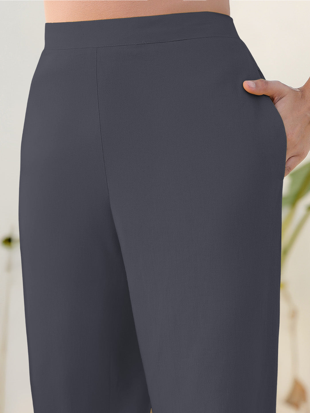 Janasya Grey Cotton Solid Pant 