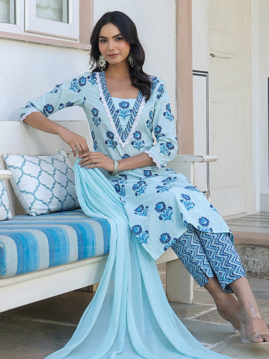 Janasya Light Cotton Floral Straight Kurta Set 