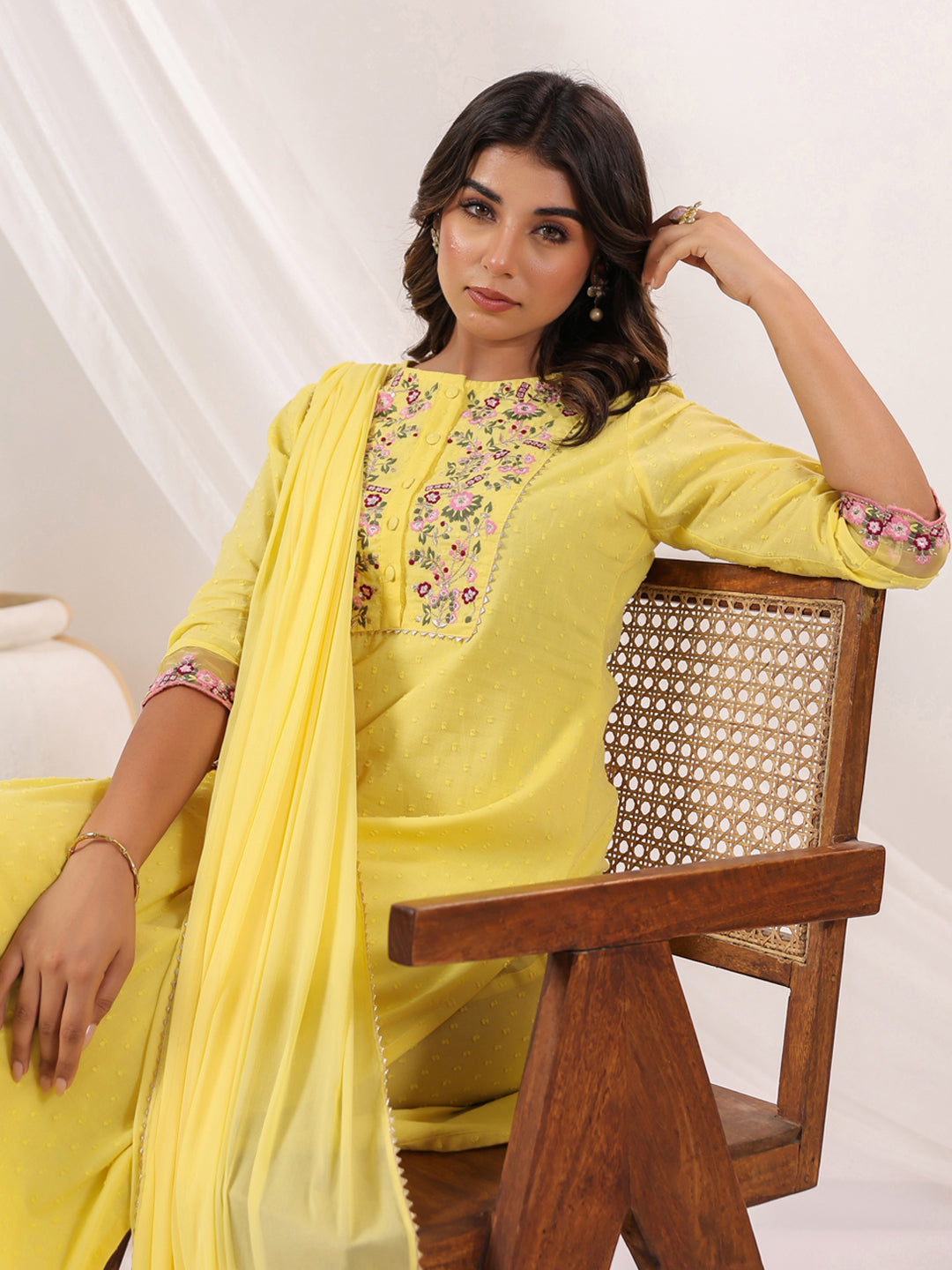 Janasya Light Dobby Cotton Embroidered Straight Kurta Set 