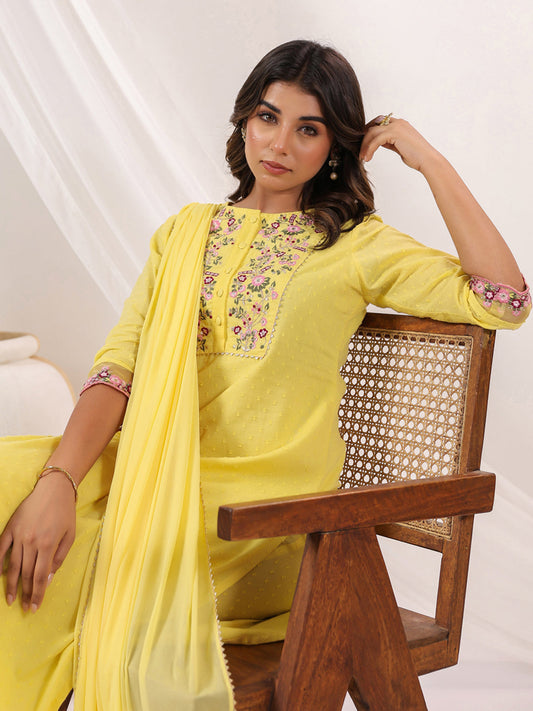 Janasya Light Dobby Cotton Embroidered Straight Kurta Set 