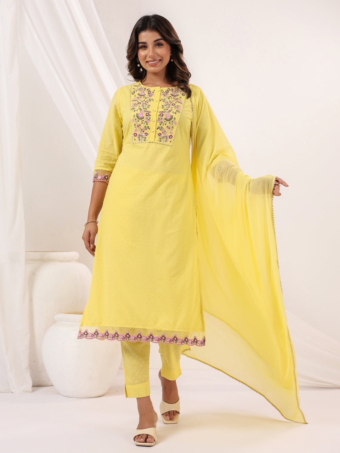 Janasya Light Dobby Cotton Embroidered Straight Kurta Set 