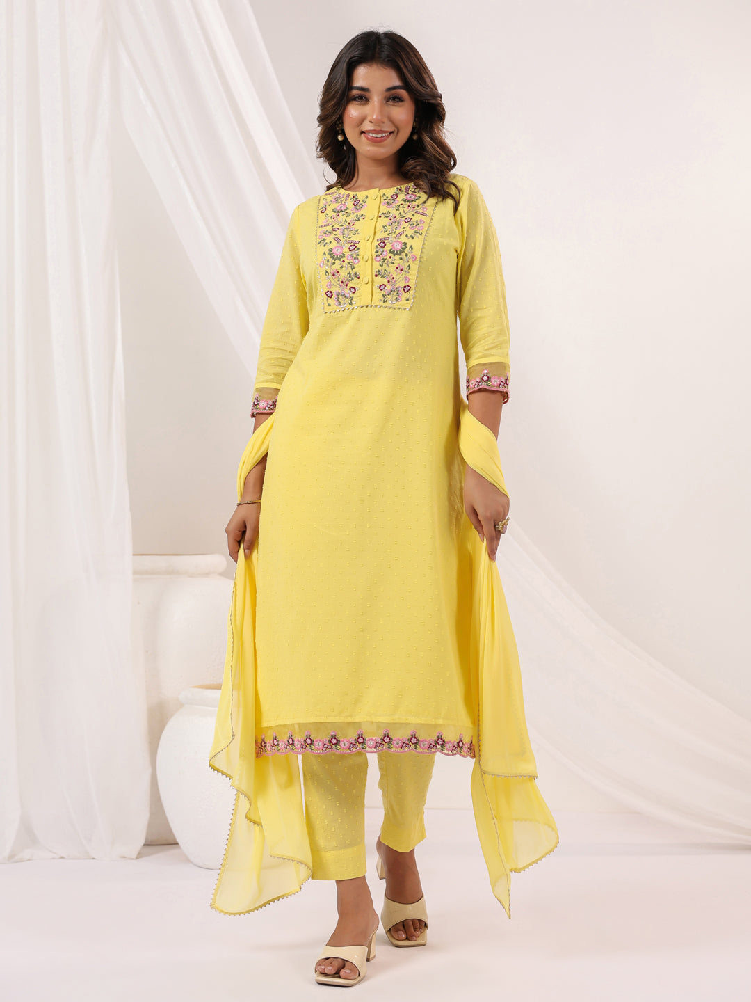 Janasya Light Dobby Cotton Embroidered Straight Kurta Set 