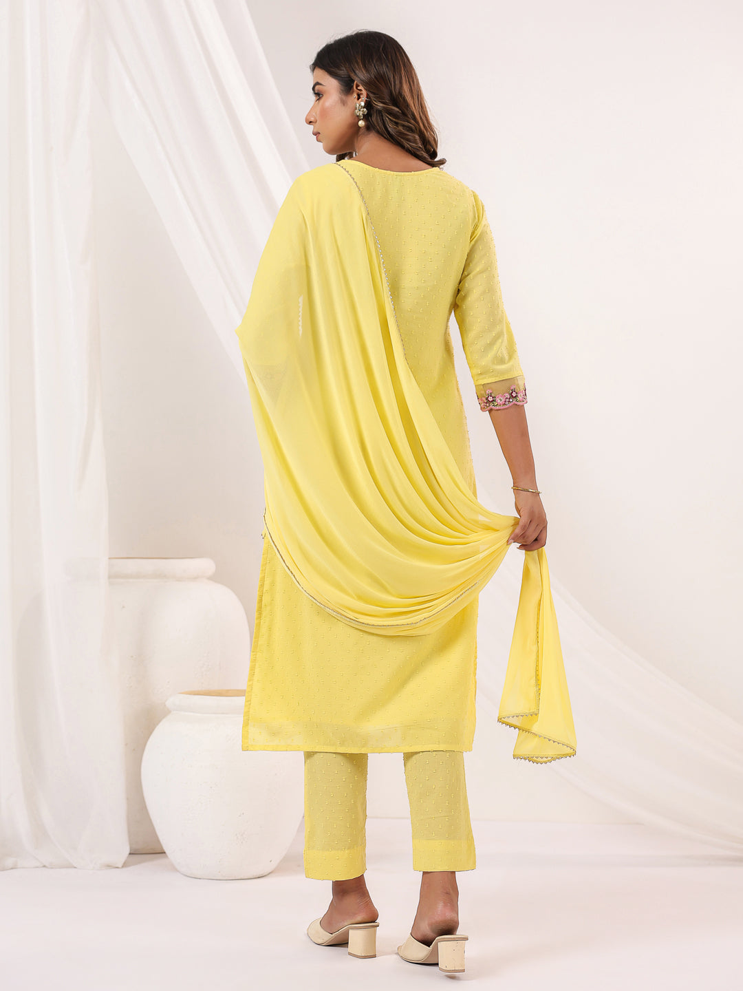 Janasya Light Dobby Cotton Embroidered Straight Kurta Set 