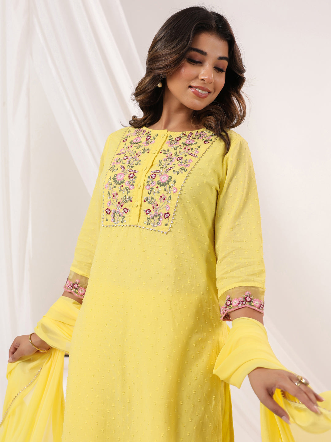 Janasya Light Dobby Cotton Embroidered Straight Kurta Set 
