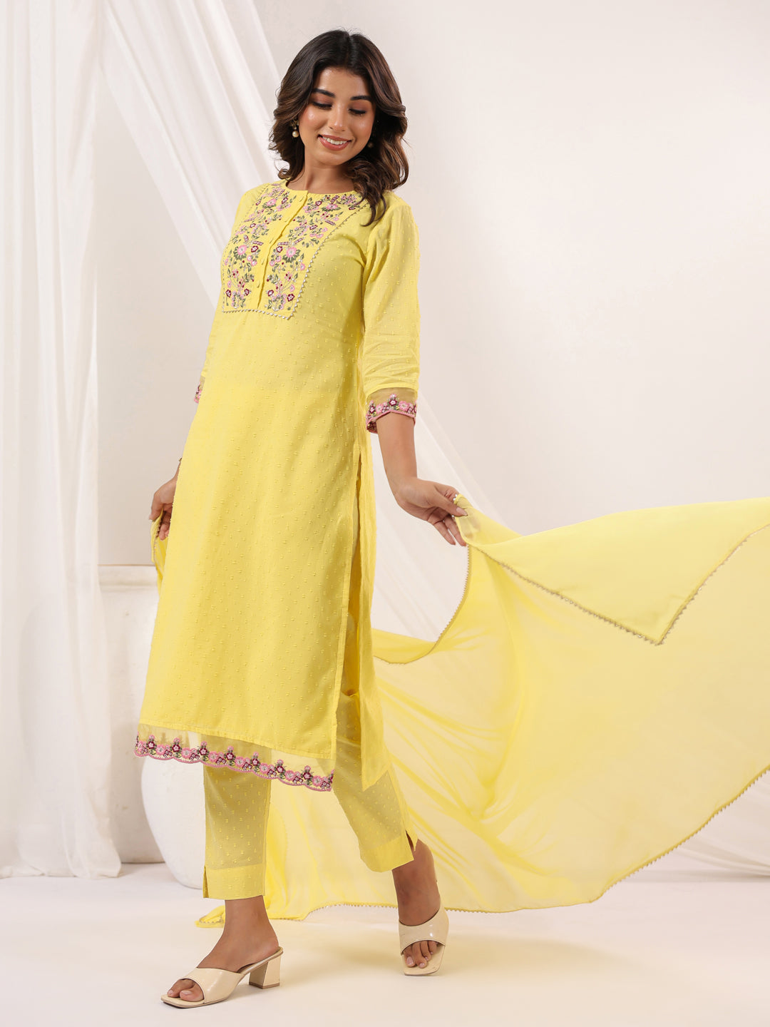 Janasya Light Dobby Cotton Embroidered Straight Kurta Set 
