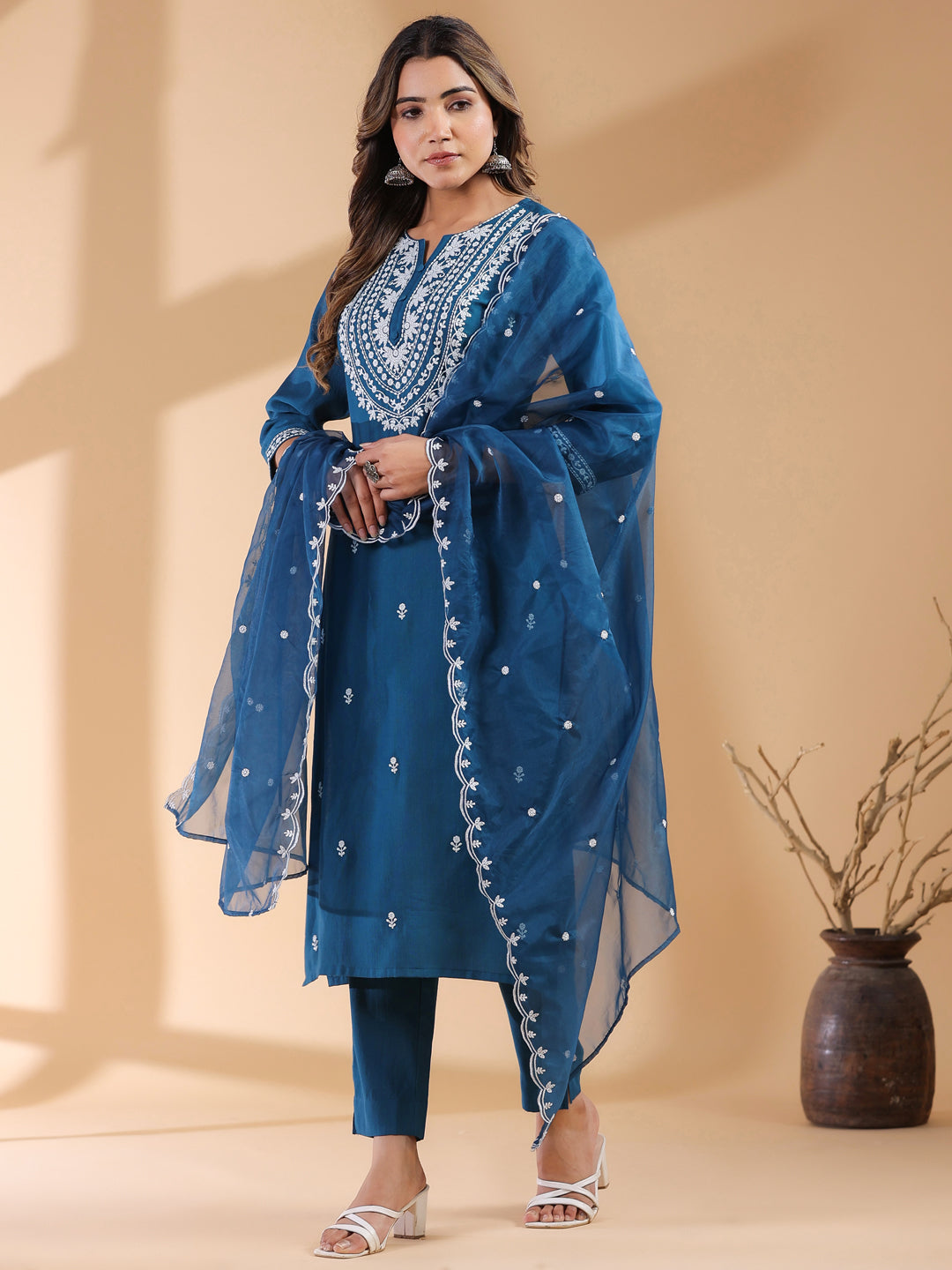 Janasya Dark Silk Blend Embroidered Straight Kurta Set 
