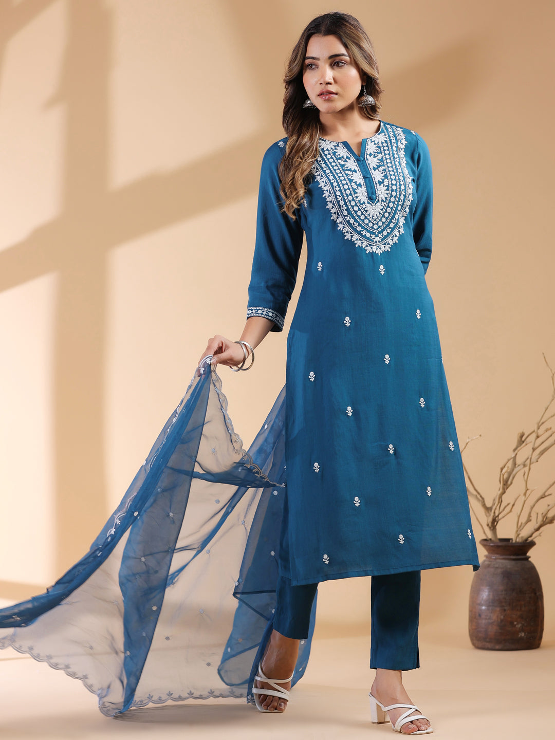 Janasya Dark Silk Blend Embroidered Straight Kurta Set 