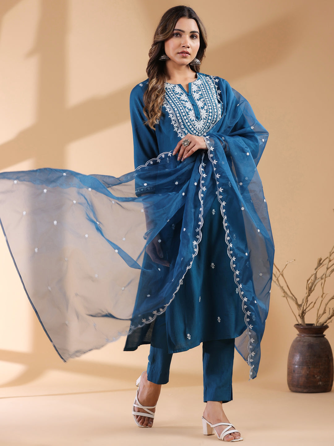 Janasya Dark Silk Blend Embroidered Straight Kurta Set 