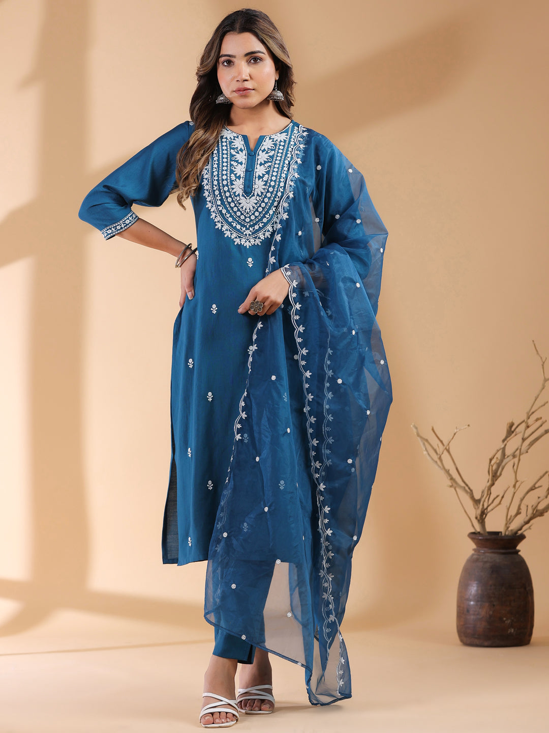 Janasya Dark Silk Blend Embroidered Straight Kurta Set 