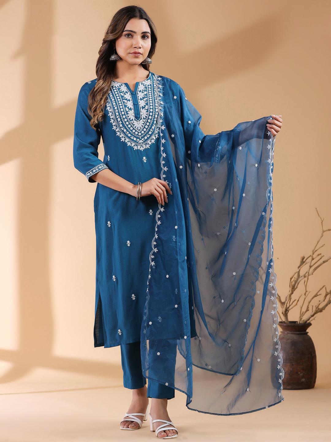 Janasya Dark Silk Blend Embroidered Straight Kurta Set 