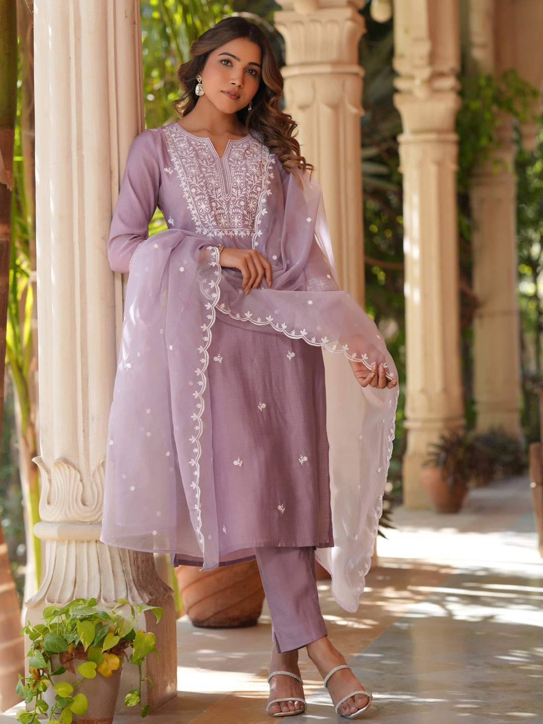 Janasya Light Silk Blend Embroidered Straight Kurta Set 