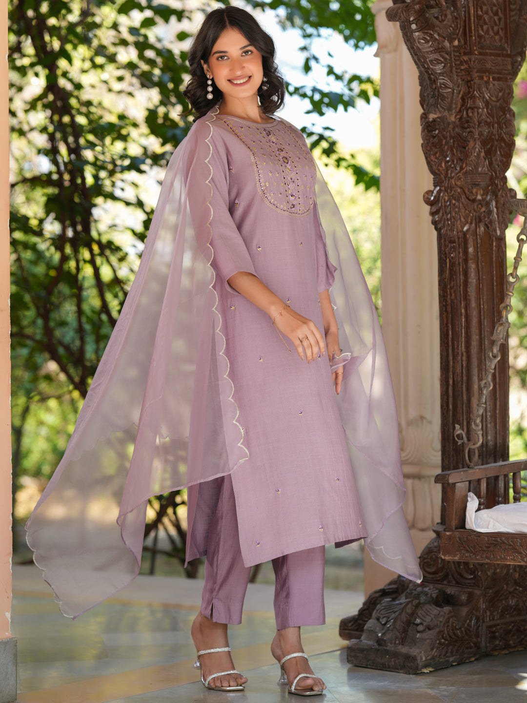 Janasya Light Silk Blend Embroidered Straight Kurta Set 