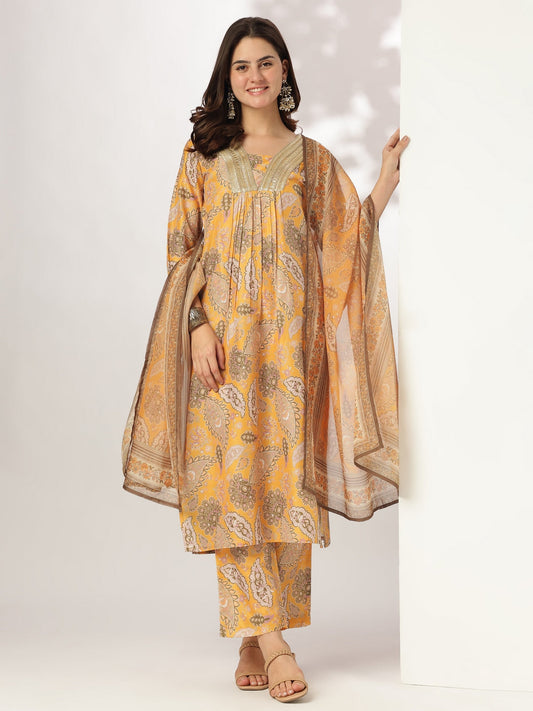 Janasya Bright Silk Blend Floral Straight Kurta Set 