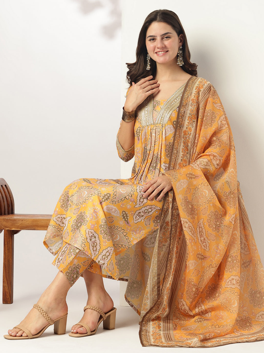 Janasya Bright Silk Blend Floral Straight Kurta Set 