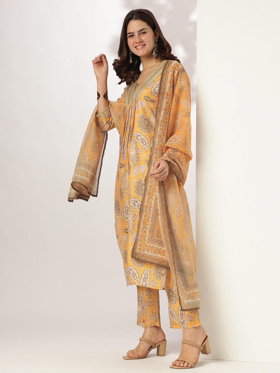 Janasya Bright Silk Blend Floral Straight Kurta Set 